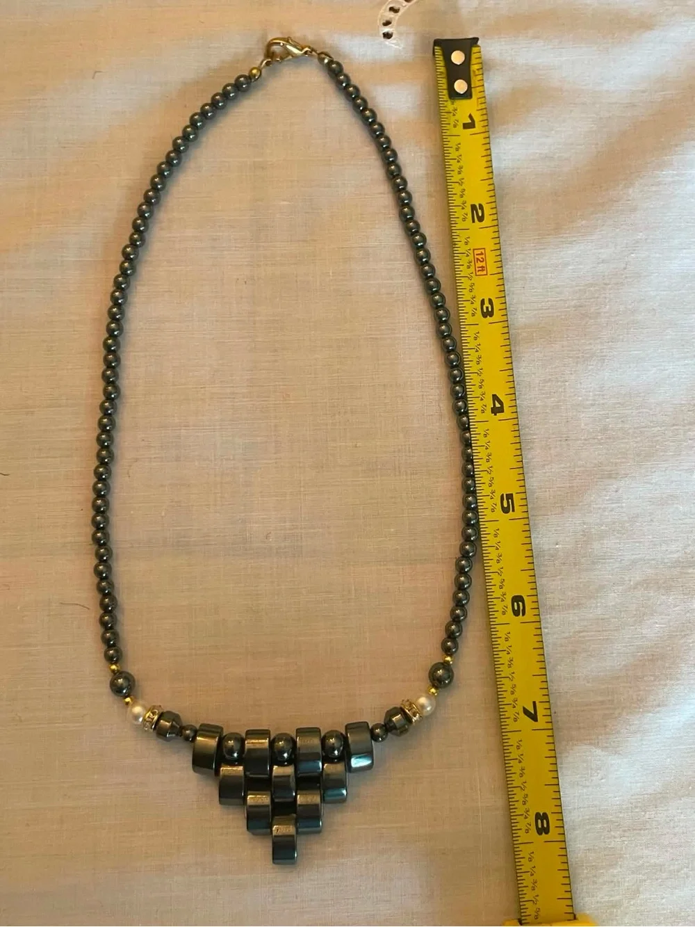 Source Unknown Hematite Bead Necklace with Geometric Pendant - Black